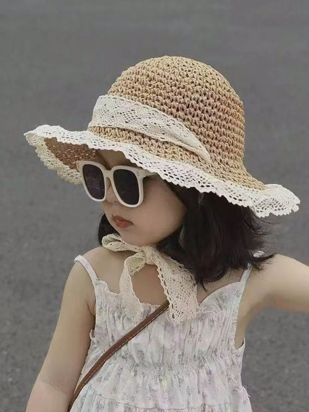 Girls Crochet Straw Sun Hat with Lace Trim - Beige & White